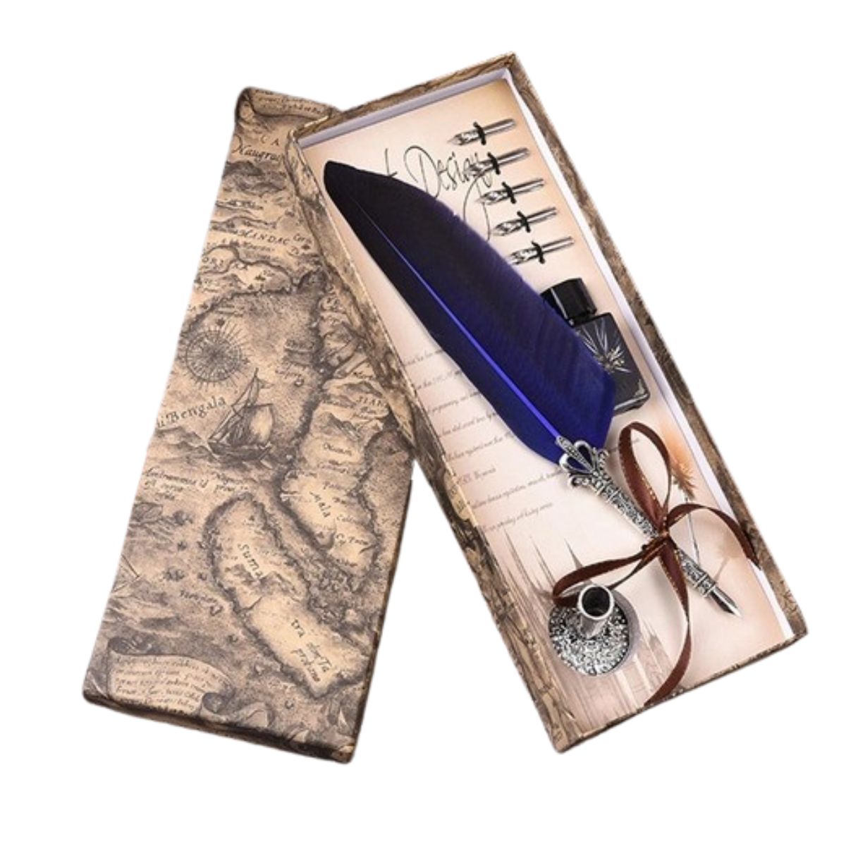 Kit Caneta Tinteiro Pena Azul Antiga Simples Kit Caneta Tinteiro Pena Azul Antiga Simples